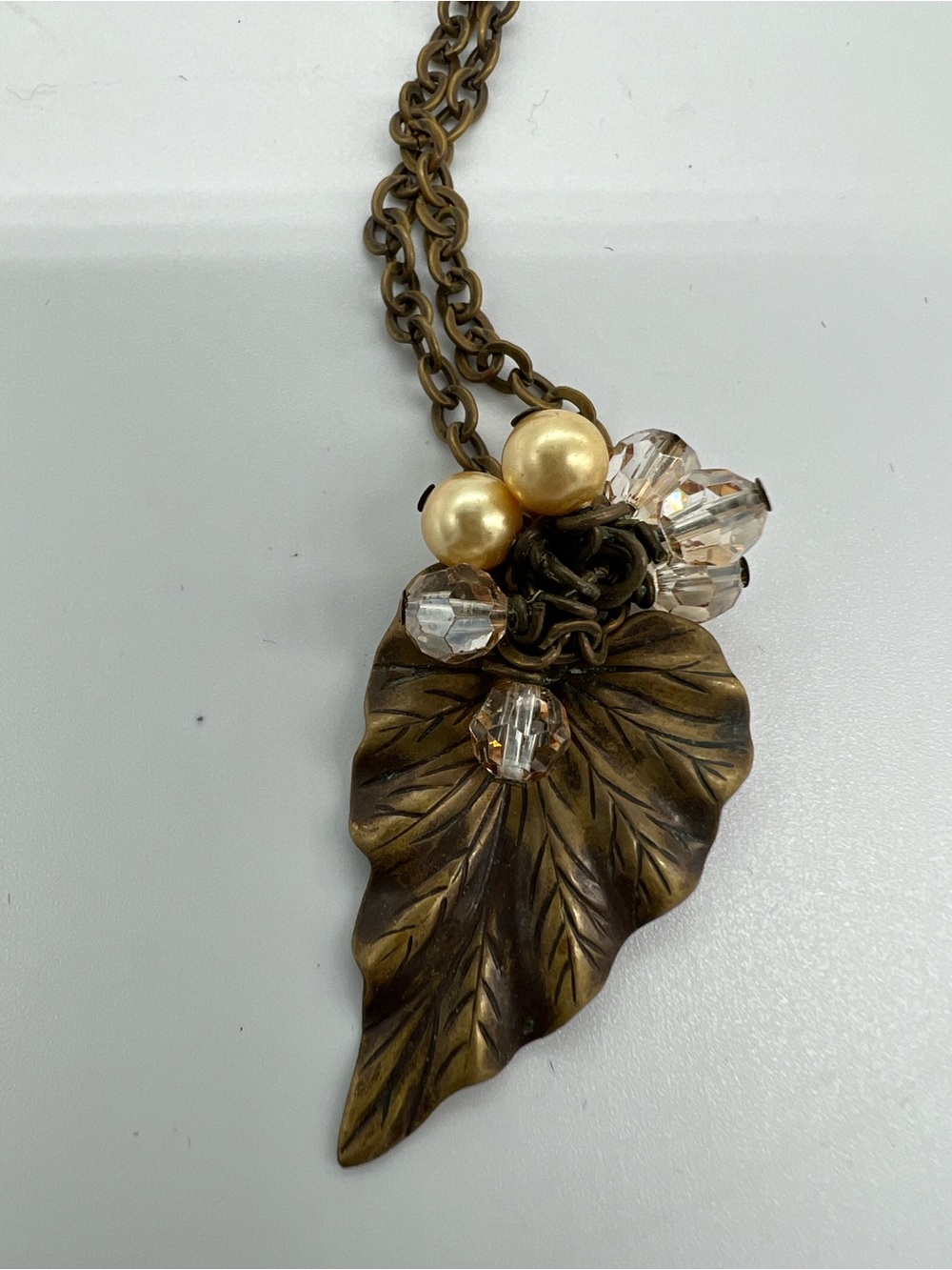 Antique Brass Leaf Pendant Necklace with Pearl and Crystal Accents - Picture 3 of 3
